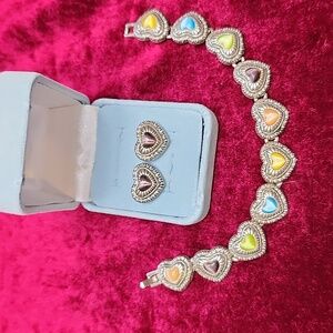 PREMIER Bracelet & Earrings Set.   Silver tone with multi colored stones